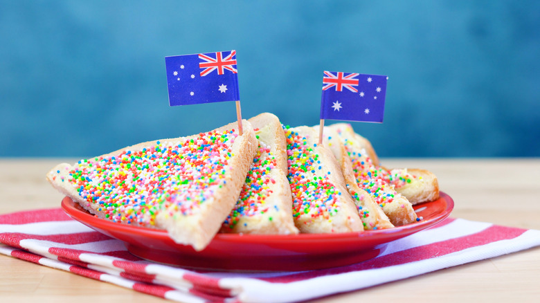 Plate of fairy bread with Australian flags