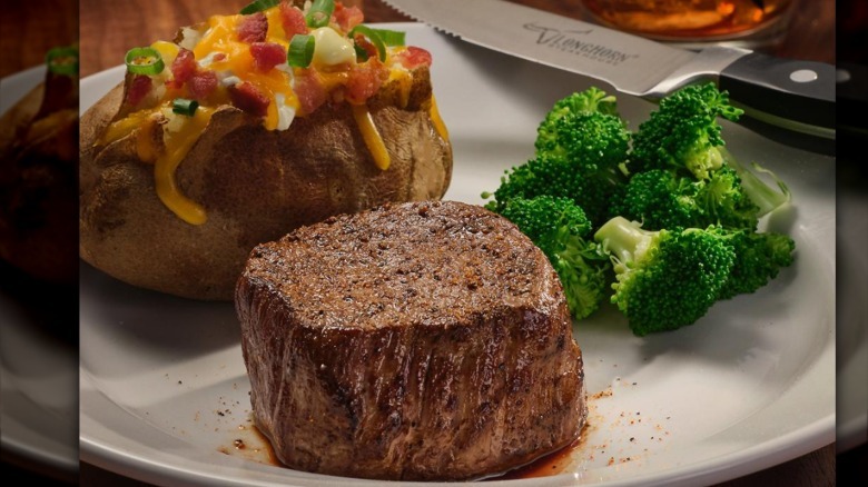 LongHorn Steakhouse Flo's Filet with loaded baked potato and broccoli
