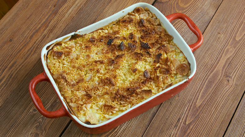 hotdish in red casserole dish