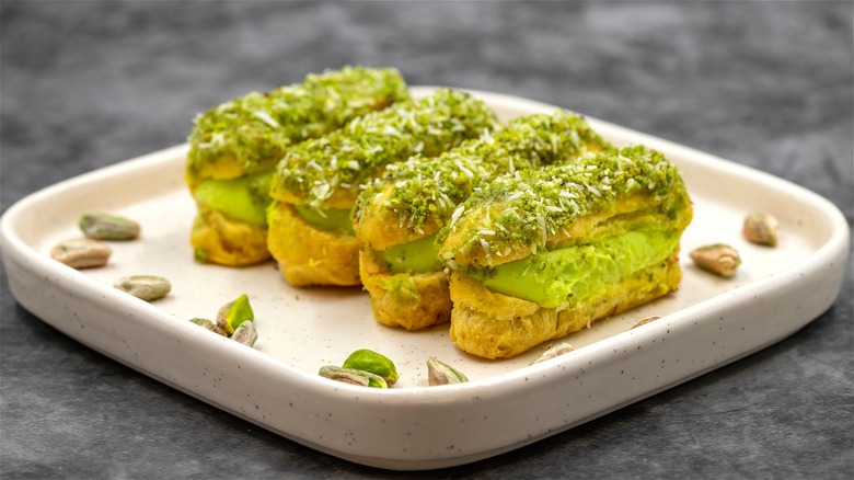 Plate of pistachio eclairs 