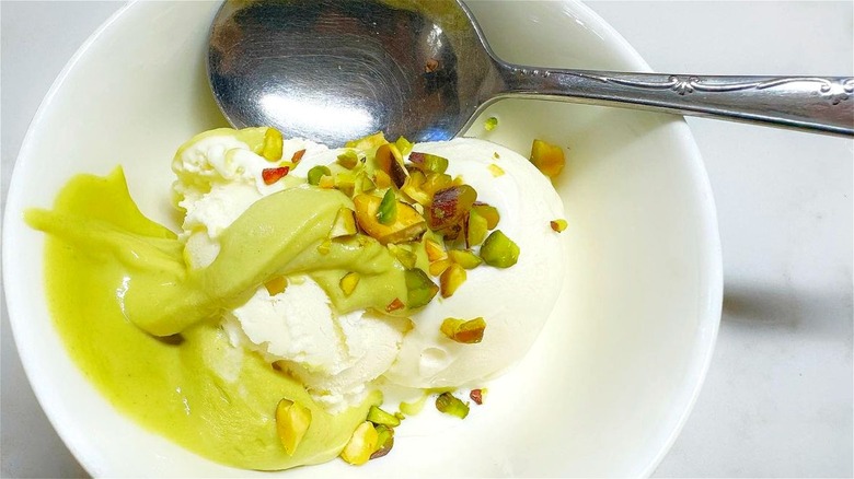 Pistachio cream on vanilla ice cream 
