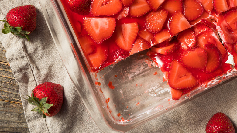 Strawberry pretzel salad in pan