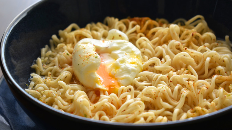 Close up of ramen with soft boiled egg