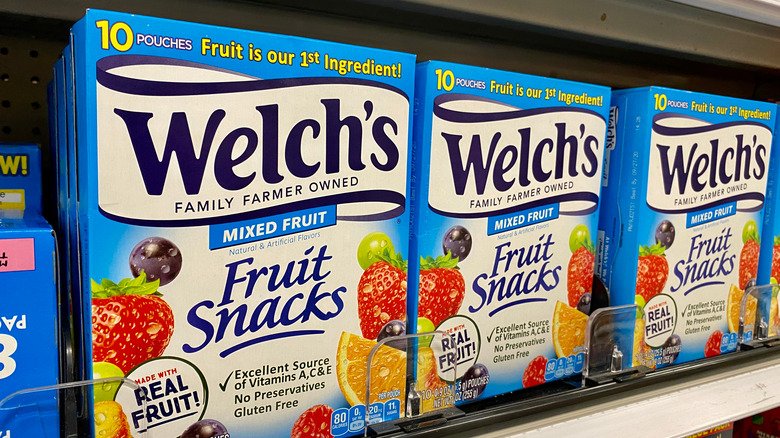 Fruit snack boxes on shelf