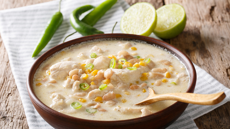 Bowl of white chili with corn