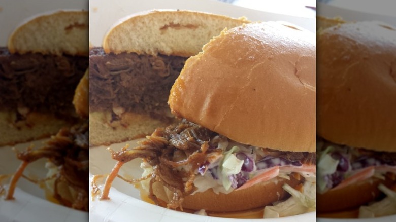 Close-up of a brisket sandwich with coleslaw from Costco