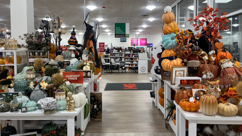 Interior of a HomeGoods store with various fall-themed decor on display.