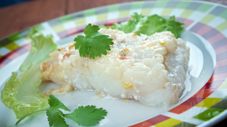 Cooked lutefisk on plate