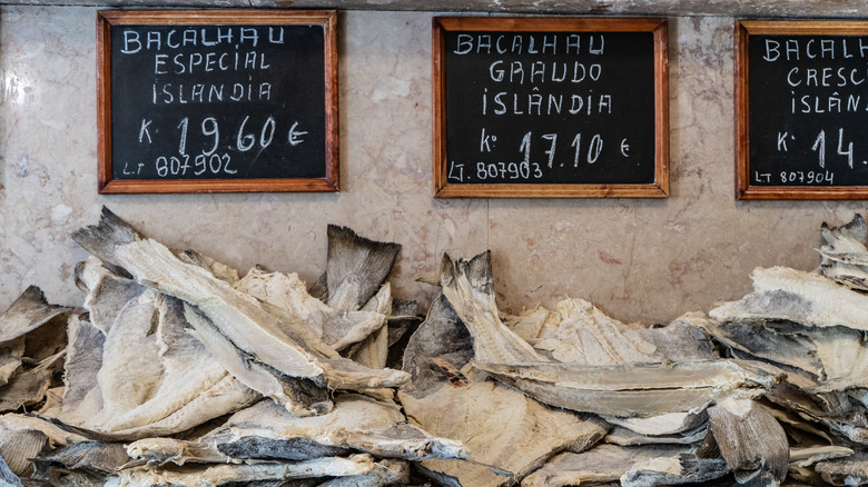 Salt cod filets at market