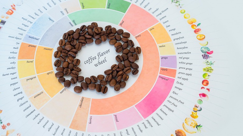 Coffee beans atop flavor wheel