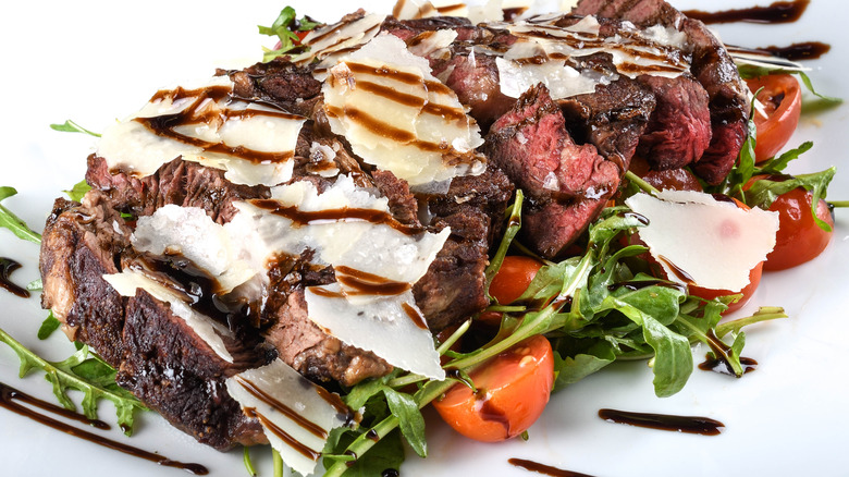 Balsamic reduction on beef and vegetables