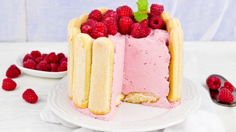 Charlotte Russe cake with raspberries on top