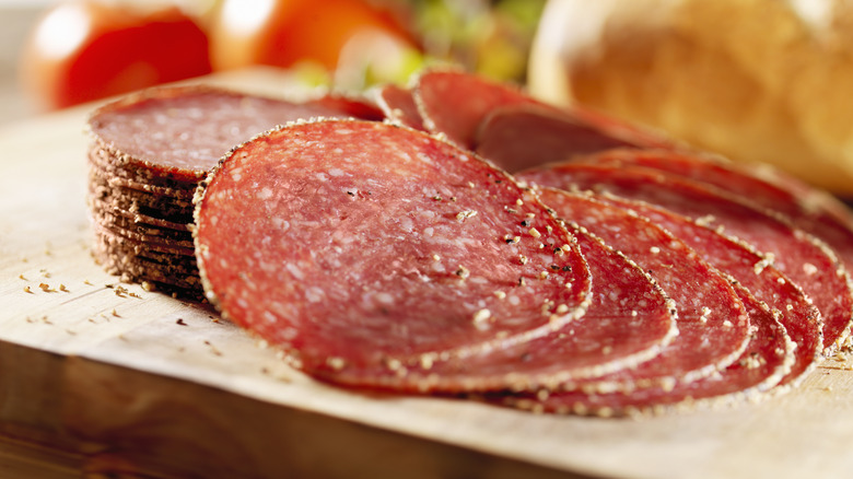 Sliced pepperoni salami