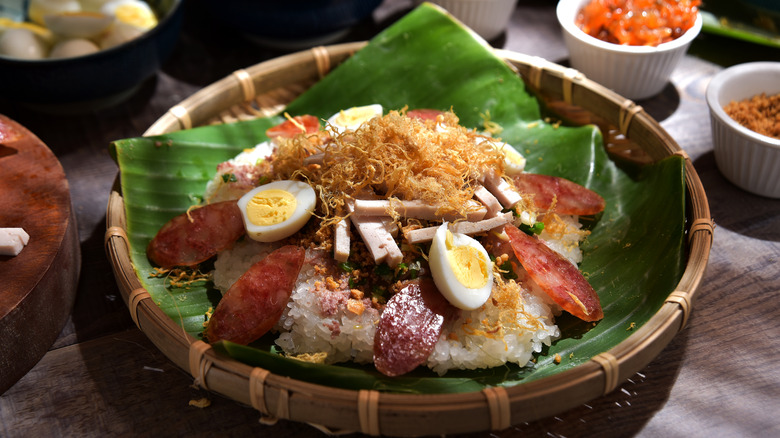 Rice dish with pork floss and garnish