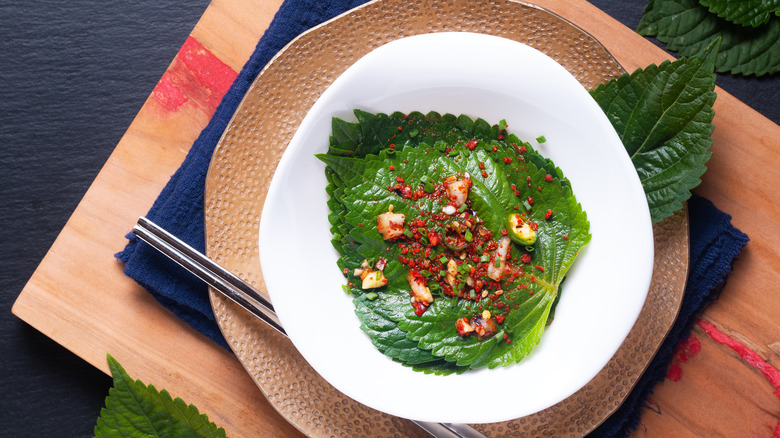 shiso leaf on white plate