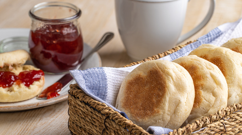 basket of english muffins with jam