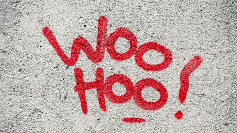A graffiti image of "Woo Hoo!" in red on concrete.