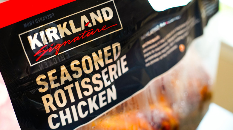 Closeup of a bag of Costco's Kirkland Signature rotisserie chicken