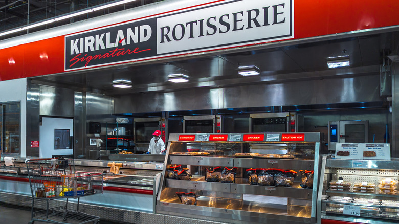 The rotisserie chicken display at a Costco store