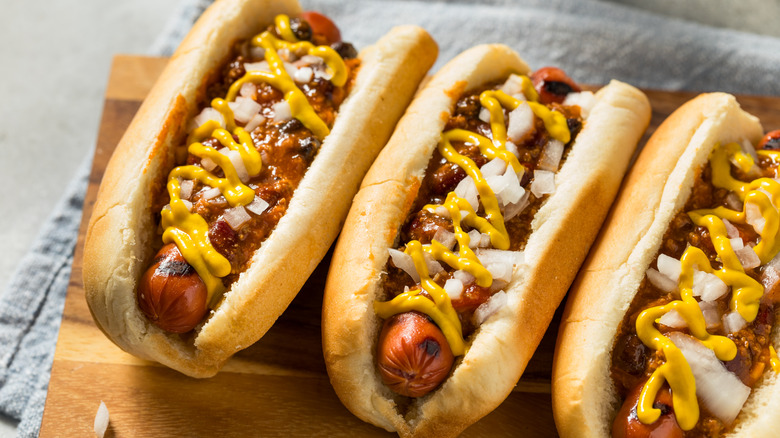 Coney chili dogs with mustard and onions