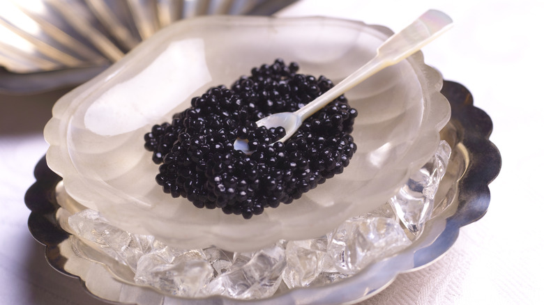 A glass dish of caviar on ice, with a small serving spoon