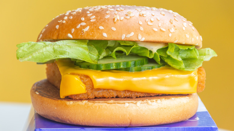 Close-up of the Royal-O-Fish sandwich at McDonald's, a variant of the Filet-O-Fish