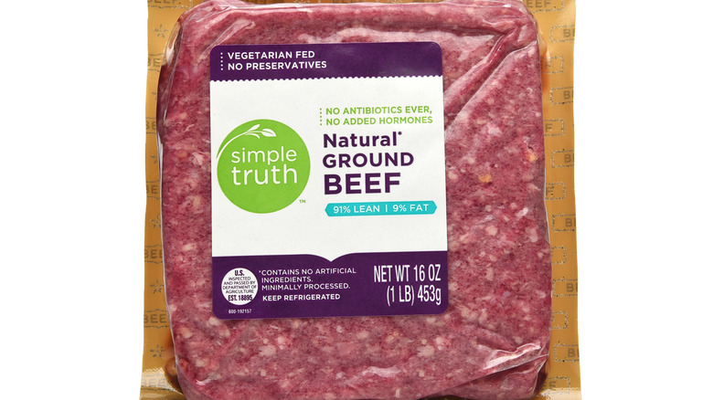 Package of Simple Truth natural ground beef with "no added hormones" label