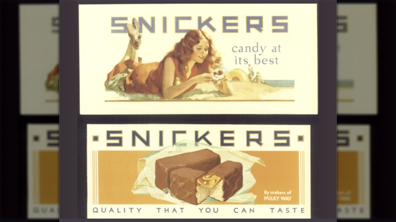 Original 1930s Snickers wrapper with illustration of candy bar on one side a woman holding a snickers on  the other.