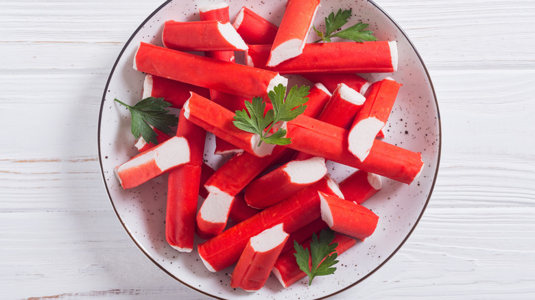 Imitation crab meat in bowl