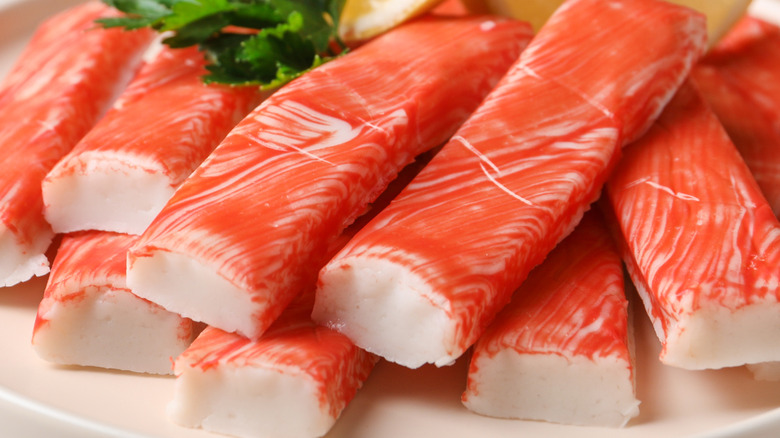 Imitation crab meat on plate