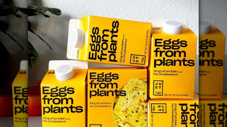 Yellow cartons of Just Egg vegan eggs arranged on a counter