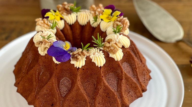 Patterned bundt with flowers and frosting