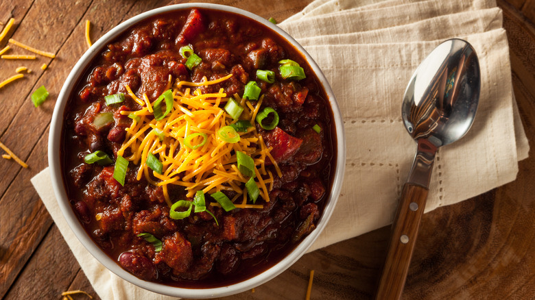 Bowl of chili with spoon