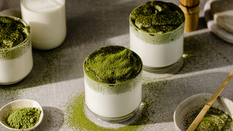 Frothy lattes topped with matcha powder