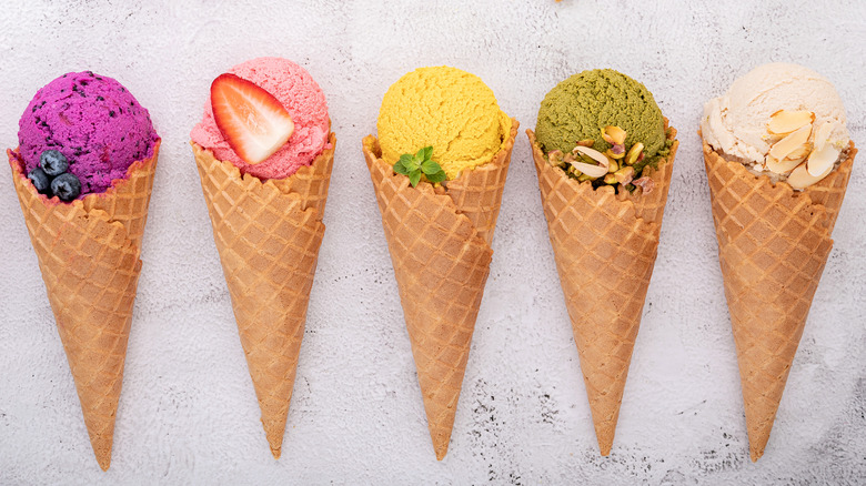 A selection of different flavored ice cream cones 