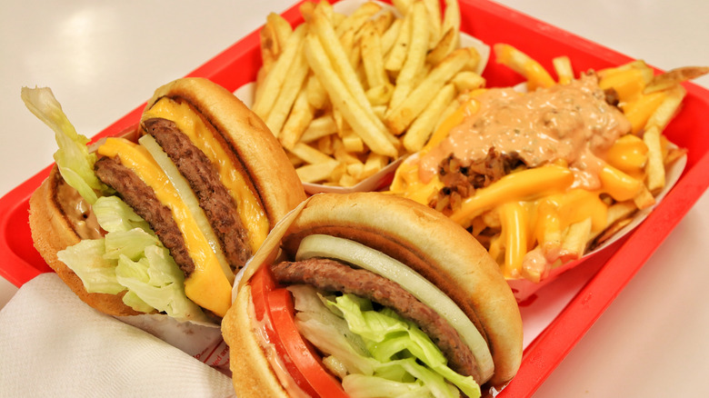 In-N-Out burgers and animal fries on tray