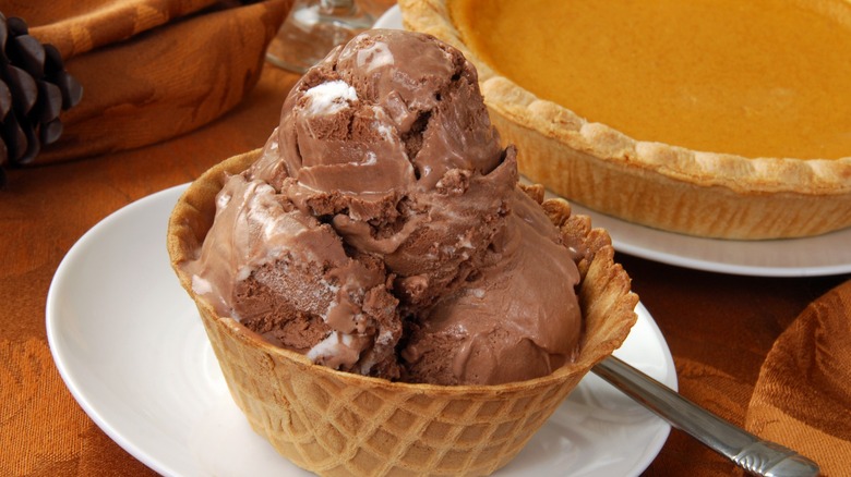 Rocky road ice cream in waffle cone