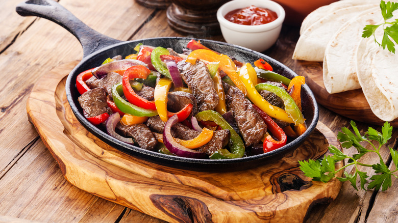 Beef fajitas in cast-iron skillet