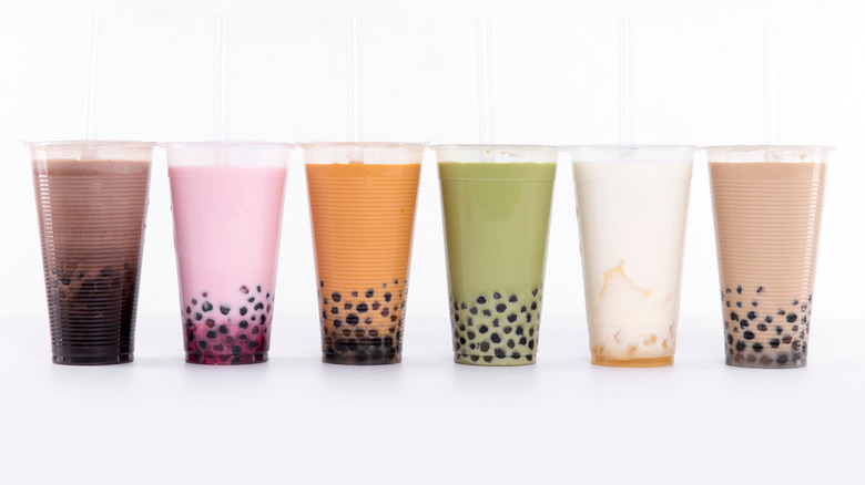 A variety of boba tea on a white background