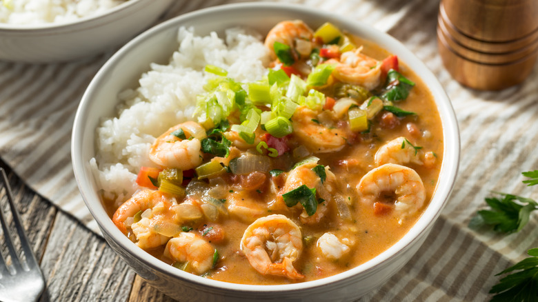 étouffée and rice in bowl