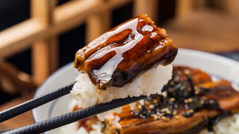 Unagi nigiri between two chopsticks