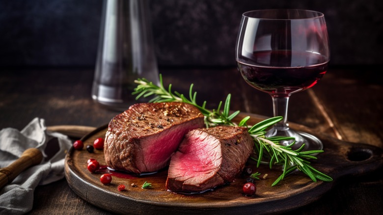 Steak beside glass of red wine
