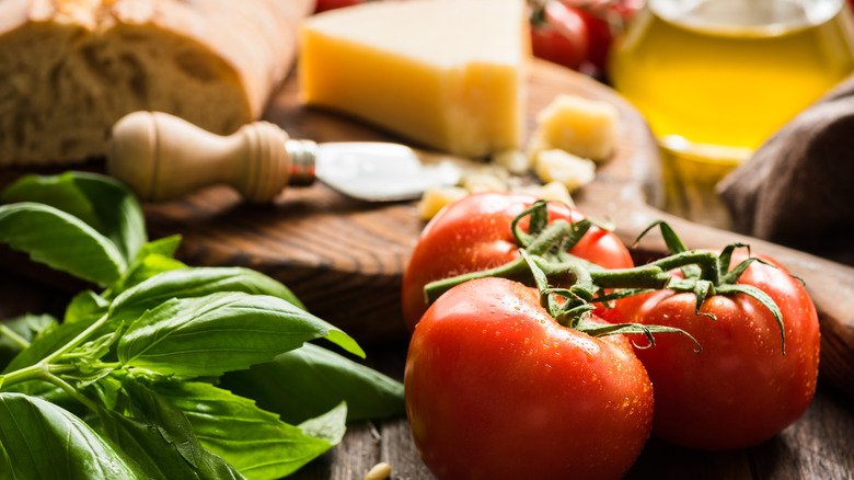 raw pizza ingredients laid out
