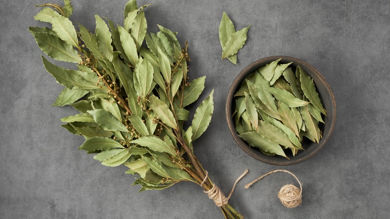 Bunch of dried bay leaves by a bowl