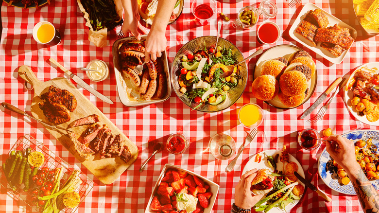Picnic spread on checkered blanket