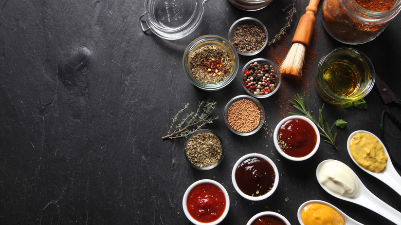 An array of spices and condiments
