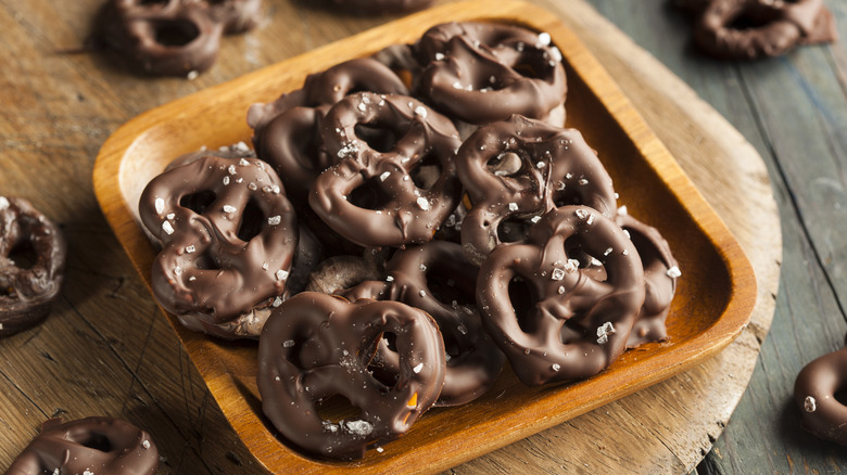 Plate of chocolate covered pretzels