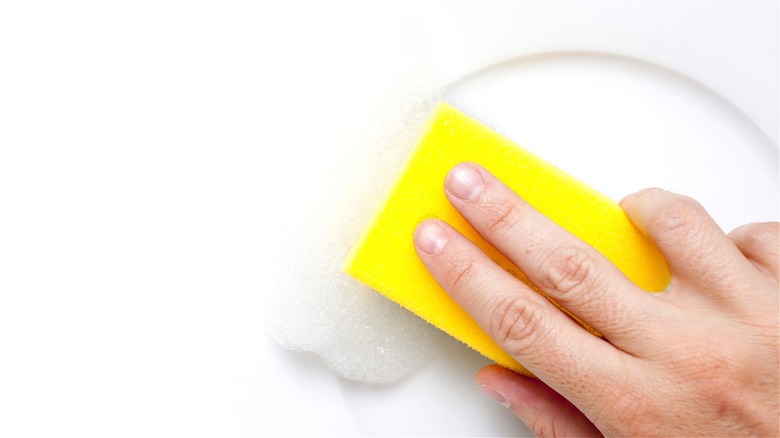 Hand on yellow sponge over dish 