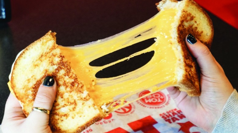 person holding Tom + Chee grilled cheese with cheese pull
