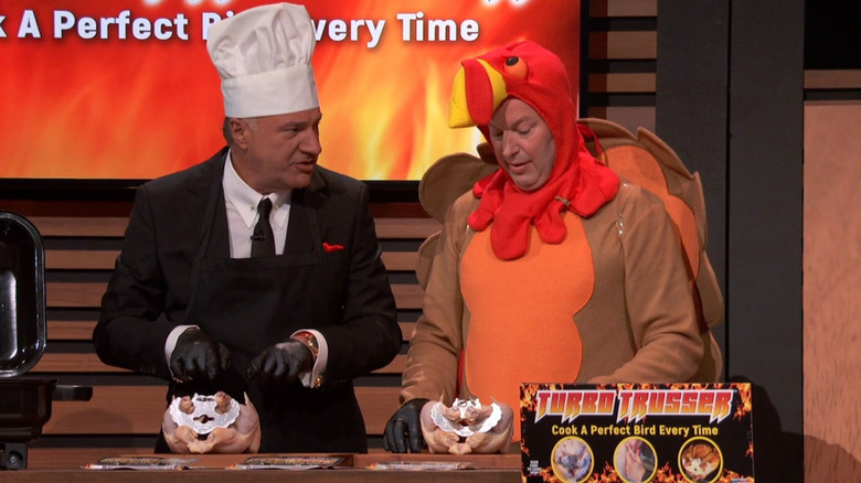 Kevin O'Leary and Kirk Hyust demonstrating the Turbo Trusser on Shark Tank